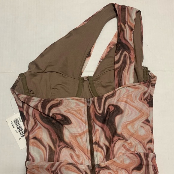 🛍️ BLANC Brown Marble Print One-Shoulder Ruched Mesh Mini Dress - Size S - Picture 6 of 10